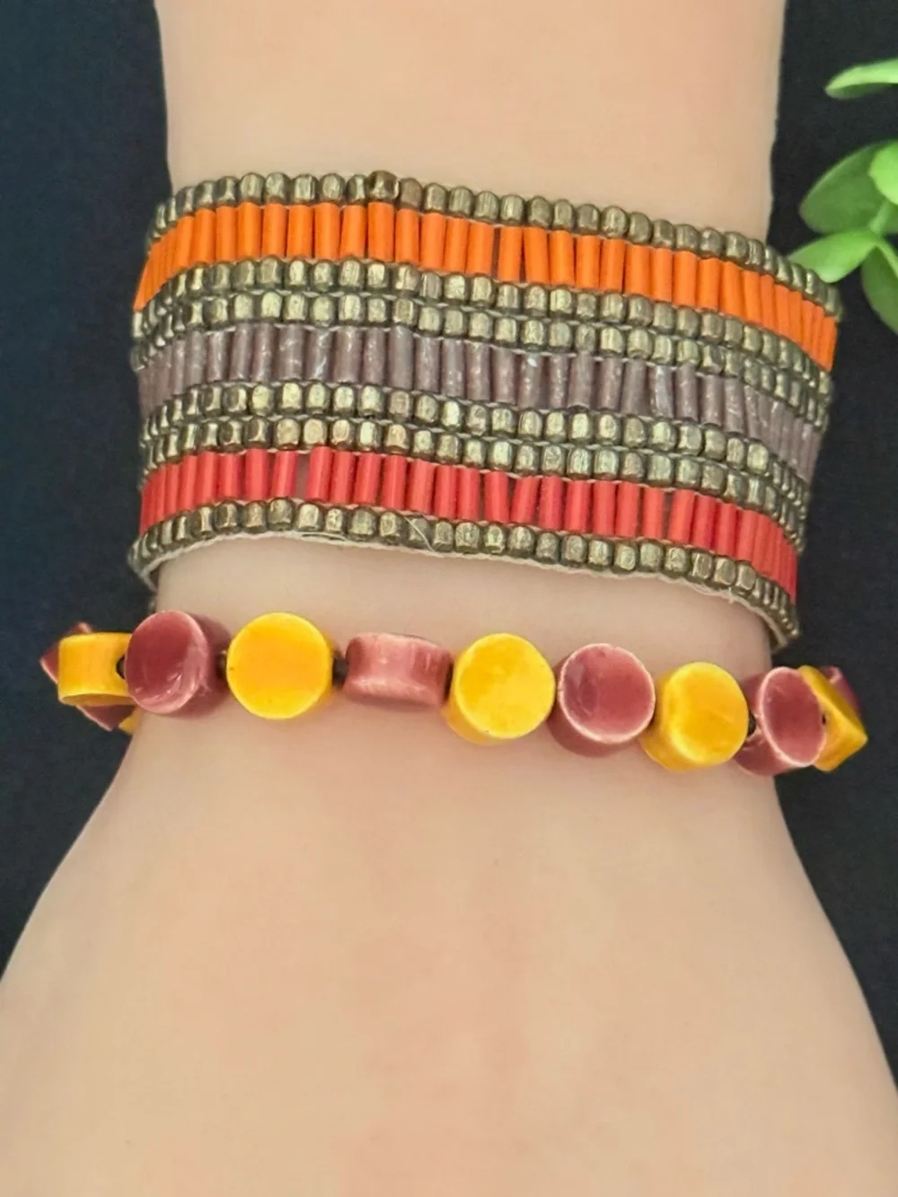Boho Beaded Multistrand Bracelet and Watch Band‎ in Plum and Mustard (E5)